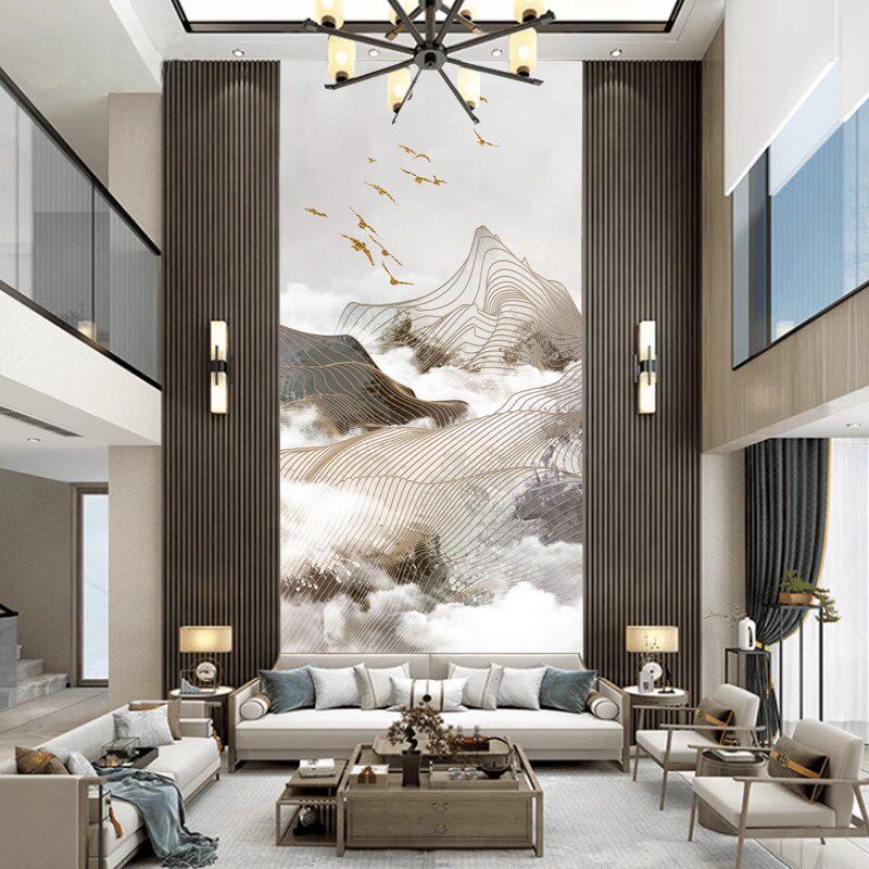 复式楼别墅挑空电视背景墙壁纸8d山水画墙布玄关竖版墙纸中式壁画