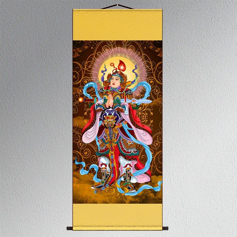 韦驮韦陀菩萨画像 护法挂画 佛堂绢布画卷轴画丝绸画定制装裱