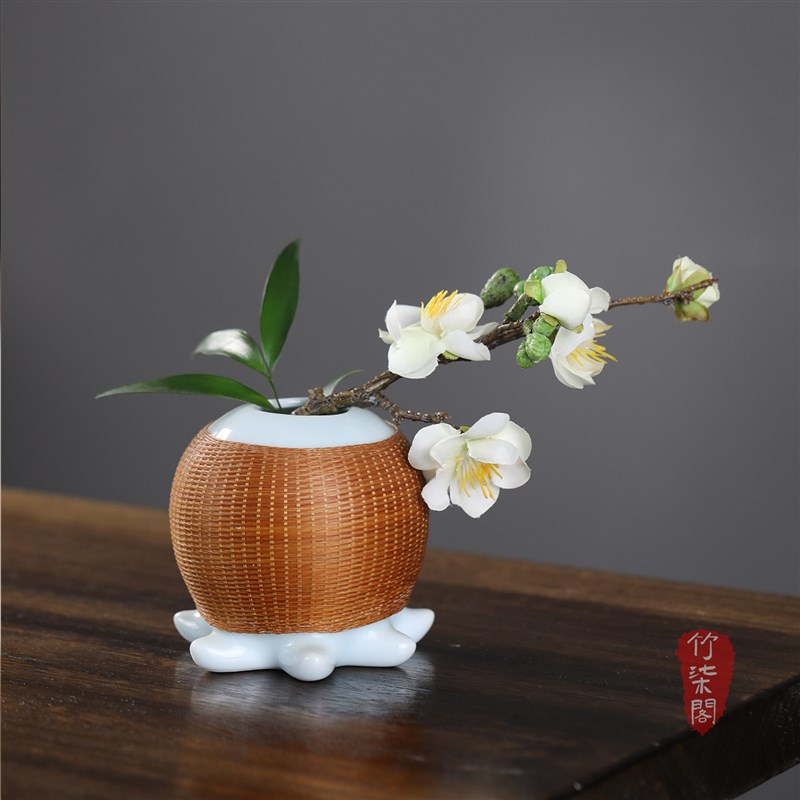 竹丝扣瓷花器手工竹编花瓶摆件客厅插花器皿章鱼水养鲜花陶瓷花盆