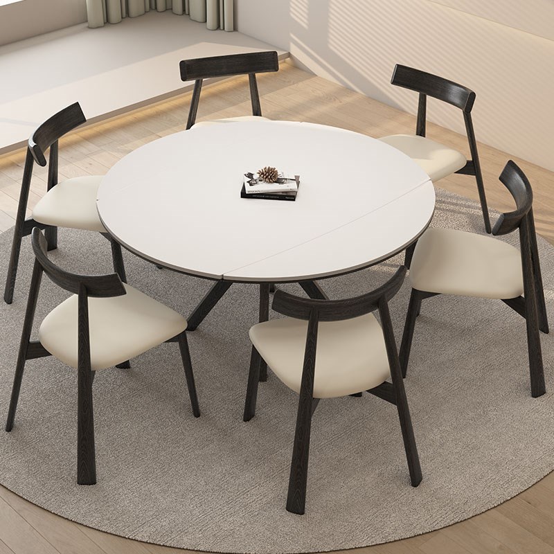 可伸缩岩板餐桌德利丰白色家用小户型奶油中古风方圆两用圆形餐桌