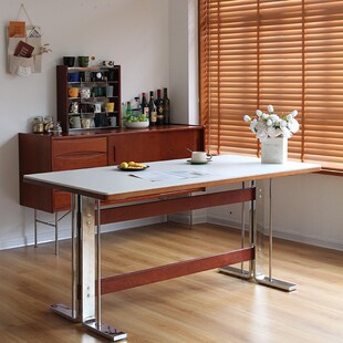 伯尔尼岩板餐桌实木复古桌子家用小户型长方形饭桌 号角屋