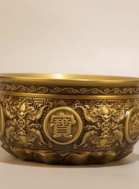 纯黄铜聚宝盆寿头五福临门招财摆件家用客厅玄关装饰品存钱罐
