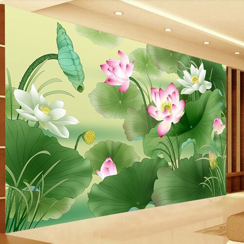 荷花莲叶墙纸养生馆佛堂禅房民宿背景墙装饰画水草莲花荷叶壁纸
