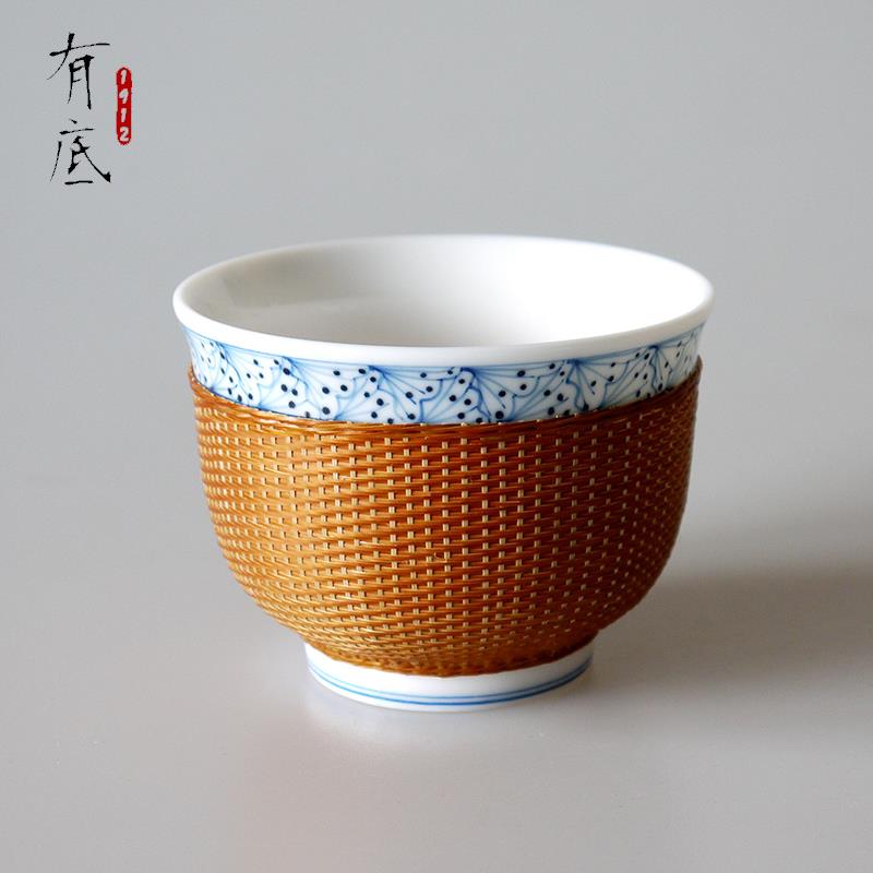 竹丝扣瓷青花主人杯功夫茶具礼盒装商务出国送礼非遗瓷胎竹编茶具