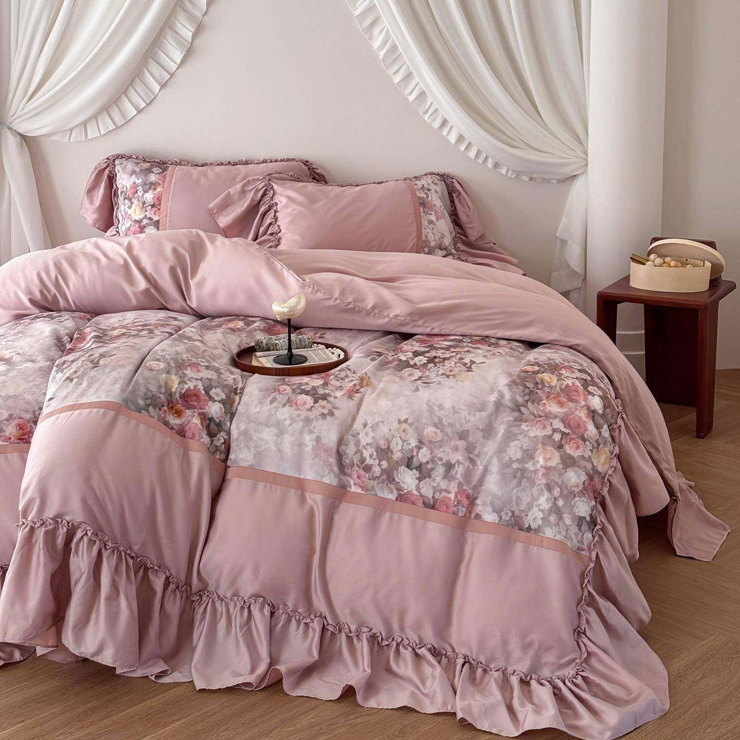 法式复古花边全棉100S长绒棉床上四件套纯棉浪漫印花被套亲肤床单