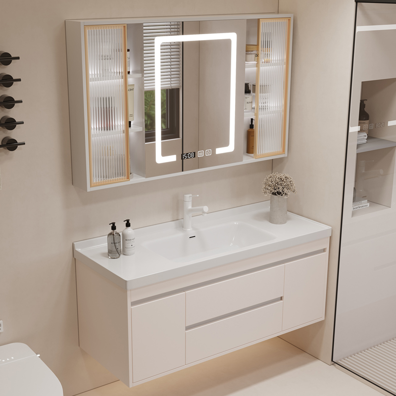 奶油色陶瓷一体盆浴室柜组合2022新款卫浴洗手洗脸池卫生间洗漱台