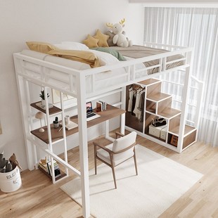 上床下桌组合床家用金属阁楼床复式二楼高架床单上层上铺悬空床