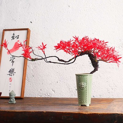 古风仿真绿植摆件盆景迎客松红枫仿真花玄关茶室茶空间酒店装饰品