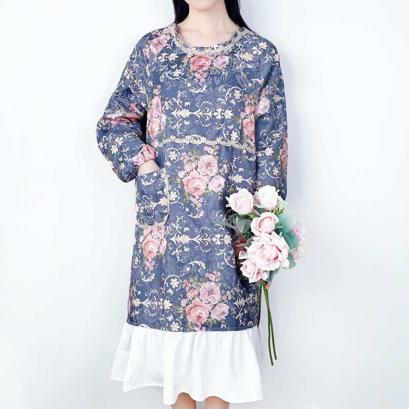 围裙长袖女可爱防水防油韩版时尚碎花罩衣全身大人工作服小清新衫