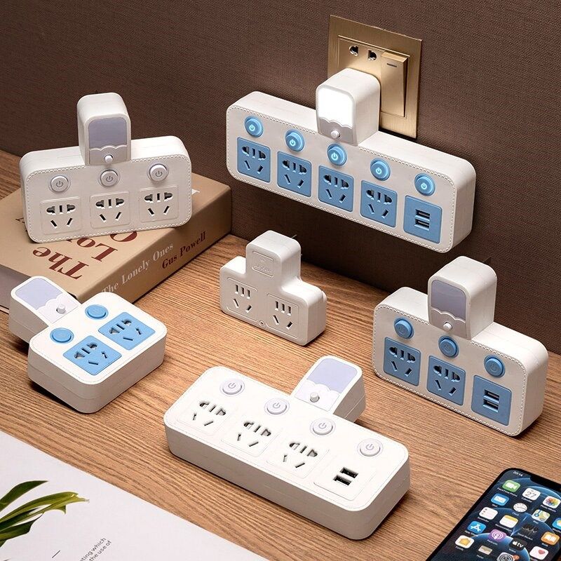 公正午带USB插座转换器独立开关小夜灯家用一转多位插孔排插板头