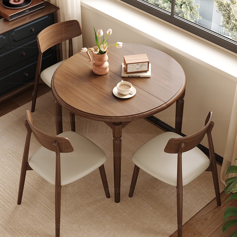 座家实木伸缩圆桌家用法式覆古小户型黑胡桃木可变椭圆形折叠饭桌