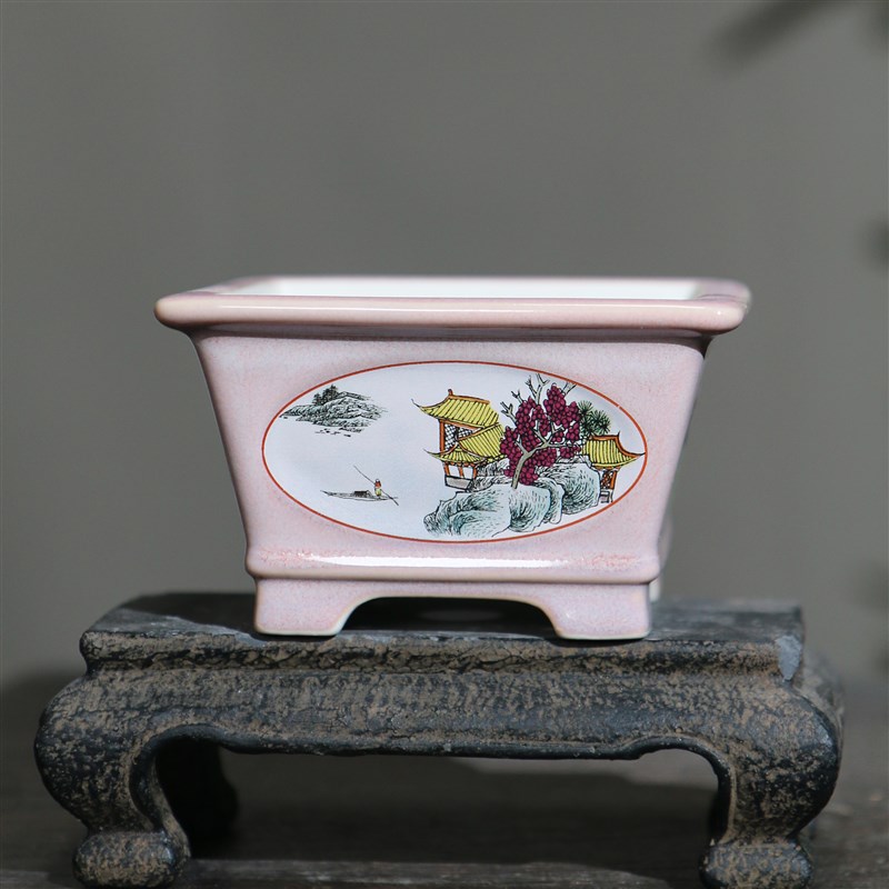 紫砂花盆正方形美工盆手绘盆手工贴画山水菖蒲盆陶瓷盆景盆觅陶乡