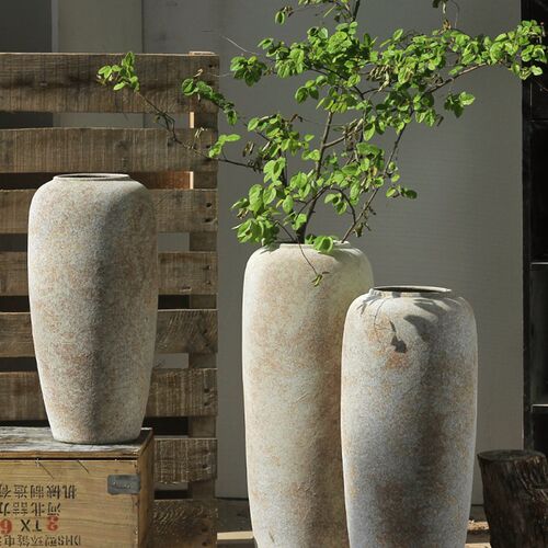 复古粗陶落地大花瓶侘寂风陶瓷摆件名宿客厅插花器高款陶罐装饰