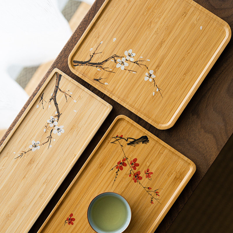 草木祠 竹制手绘梅花干泡盘茶托盘小茶台茶海功夫小茶盘家用托盘