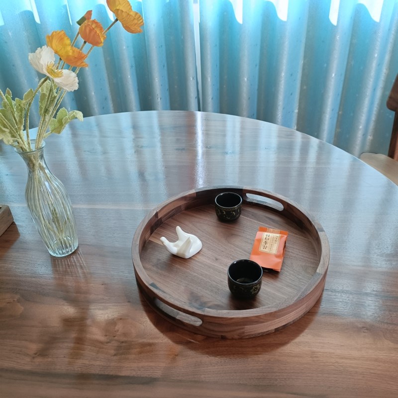 北美黑胡桃实木耳圆形方形托盘茶盘水果盘客厅茶几茶点水果托盘