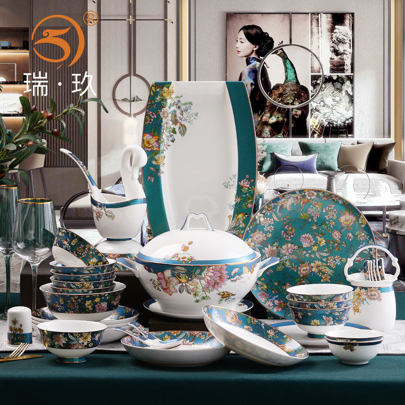 中式家用碗碟组合骨瓷餐具套装60头碗盘子套装十人瓷器餐具礼盒装