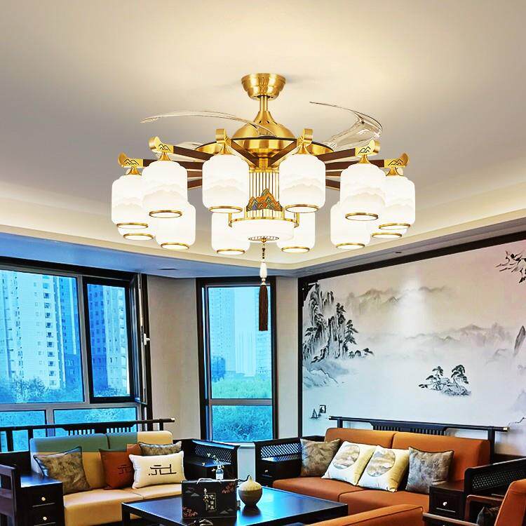 卧新中699式铜风扇吊灯客厅厅灯现代中式别墅全室餐实木隐形风扇