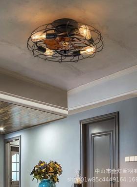 亚马逊复吸顶卧室风灯厅隐形美扇式工业风遥控餐吊扇灯铁艺古JD62