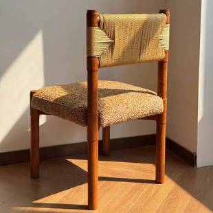 法式复古实木随时餐椅小户型中古风家用靠背椅单椅餐厅绳编椅子