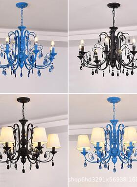 欧式铁艺水吊灯晶美式复古蜡烛色客厅灯服装店个商性黑灯393具铺
