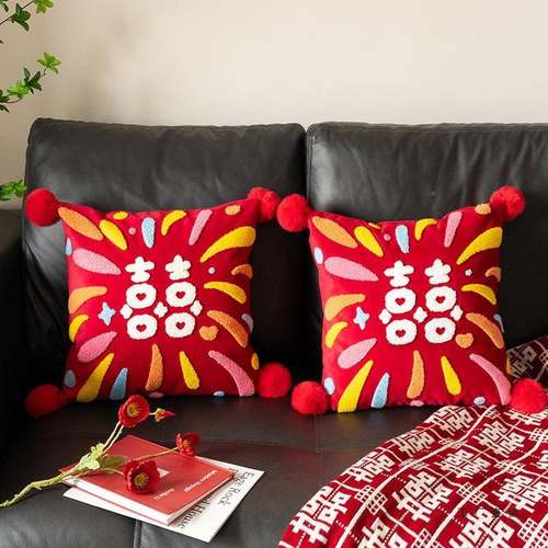 糖喜品婚房布F98M6T9T置装饰喜字抱枕一对压床娃结客婚全厅沙发红