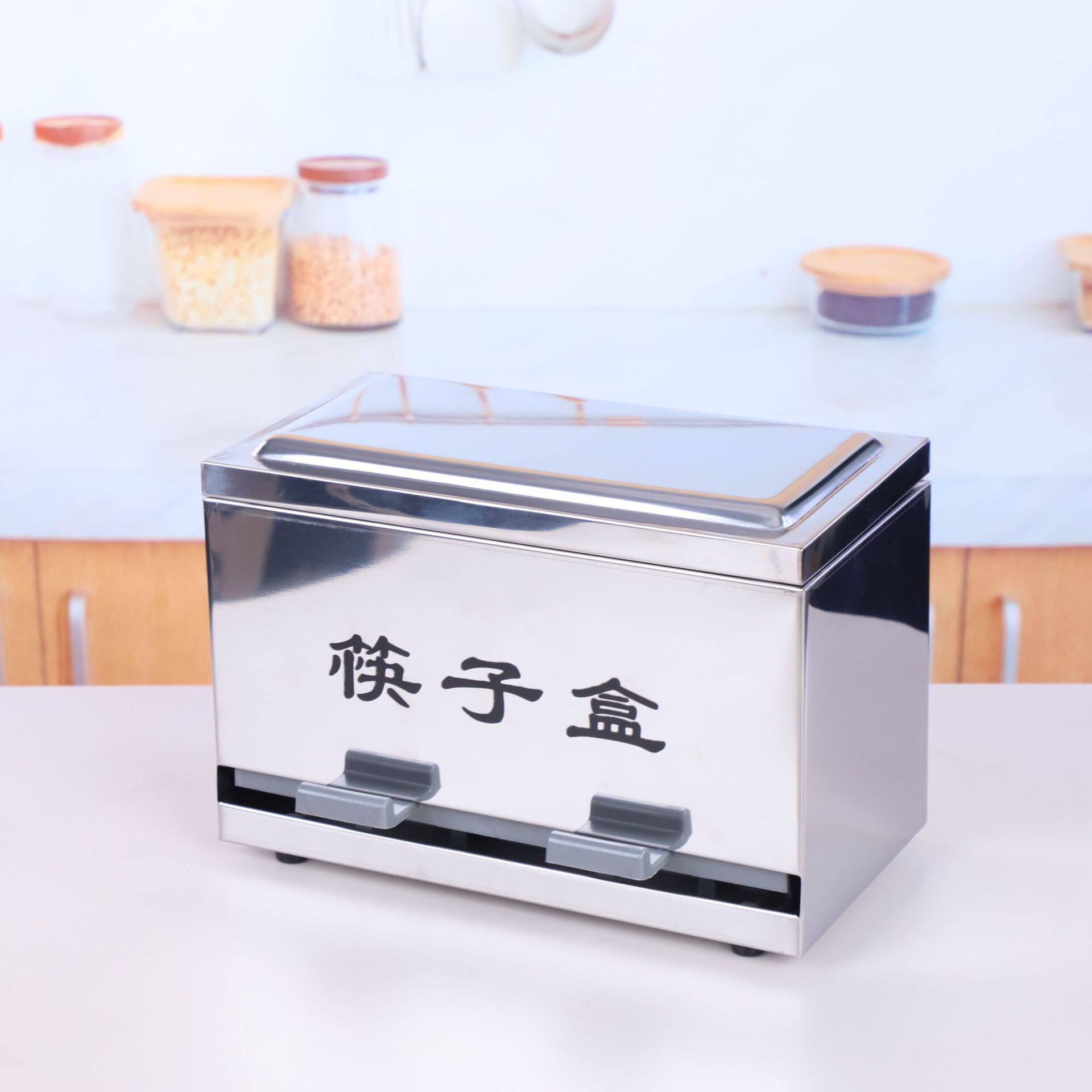 饭店专用不锈钢加厚筷子盒带盖式按压筷子收纳盒实用手动筷盒