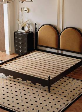 9C法现式S302床复古软包床中古风黑色代约实简木1米8美式双人主卧