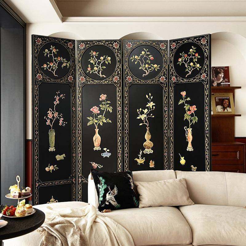 月木简鸟中风古约法式客厅屏风浮VKH雕色手绘入户玄关黑折叠移动