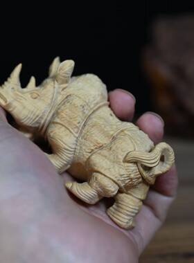 木小叶黄杨艺雕犀牛文玩手把件办公室桌面木装饰UYX品灵犀茶宠质