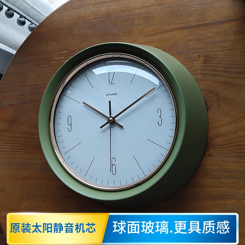 10英寸简约金属挂钟复古橄榄绿圆形单面静音无声装饰壁钟家居钟表