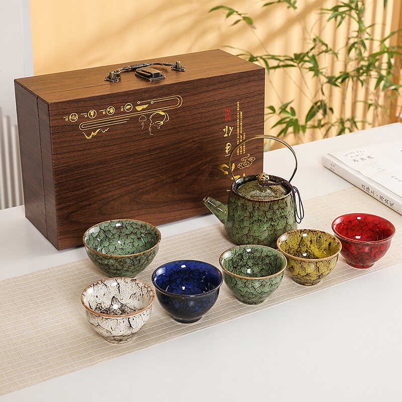 窑变陶瓷提梁壶茶具主人杯品茗单杯茶碗功夫茶杯窑变五行杯礼盒装