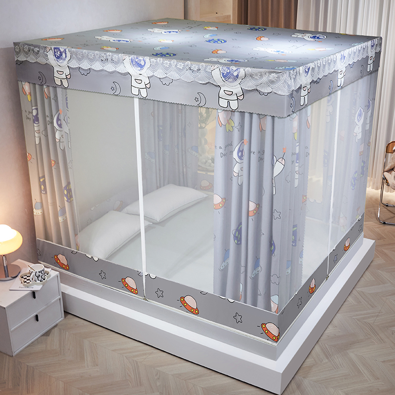 蚊帐家用遮光防尘床帘一体式T型门全封闭三开门方便拆洗四季通用