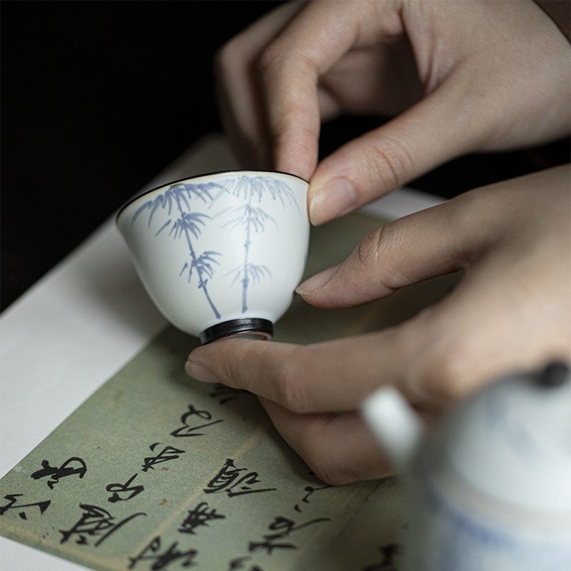 苏打釉手绘青花竹逸品茗杯功夫茶具家用喝茶单杯陶瓷小杯仿古