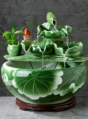 招财流水陶瓷鱼缸家用流水喷泉小金鱼缸大号养鱼摆件客厅加湿造景