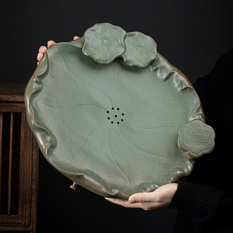 莲花茶盘茶具排水托盘家用储水蓄水茶台陶瓷壶承干泡台大号沥水盘