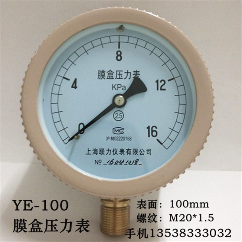 联力YE100膜盒压力表0-10 16 25 40 60KPA天燃气微压表千帕表4分