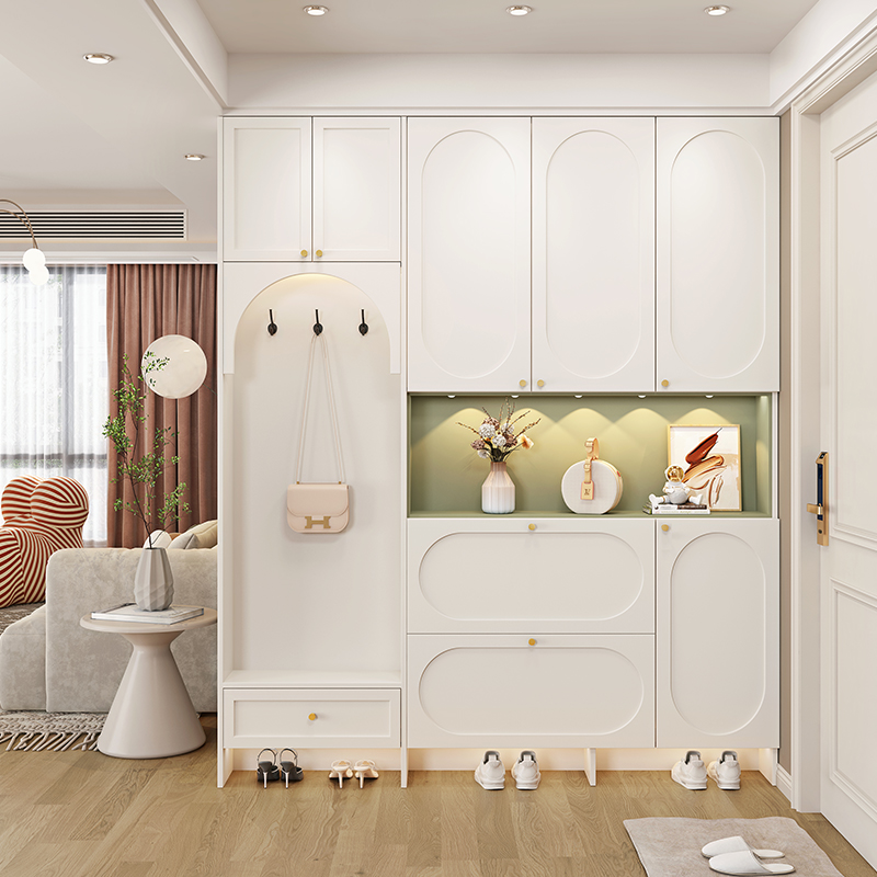 法式入户超薄鞋柜挂衣架一体换鞋凳翻斗玄关柜极窄入户到顶门厅柜