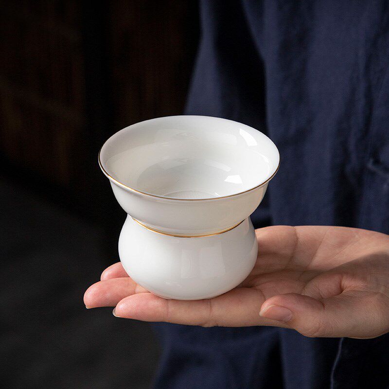 羊脂玉白瓷功夫茶具配件公道杯描金过滤茶漏组分茶器茶杯茶海泡茶