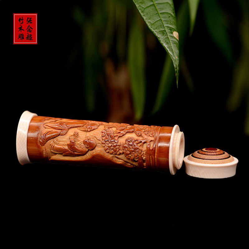 百年拆房老竹浮雕婴戏图牙签筒老竹雕牙签罐山水牙签盒便携式盘玩