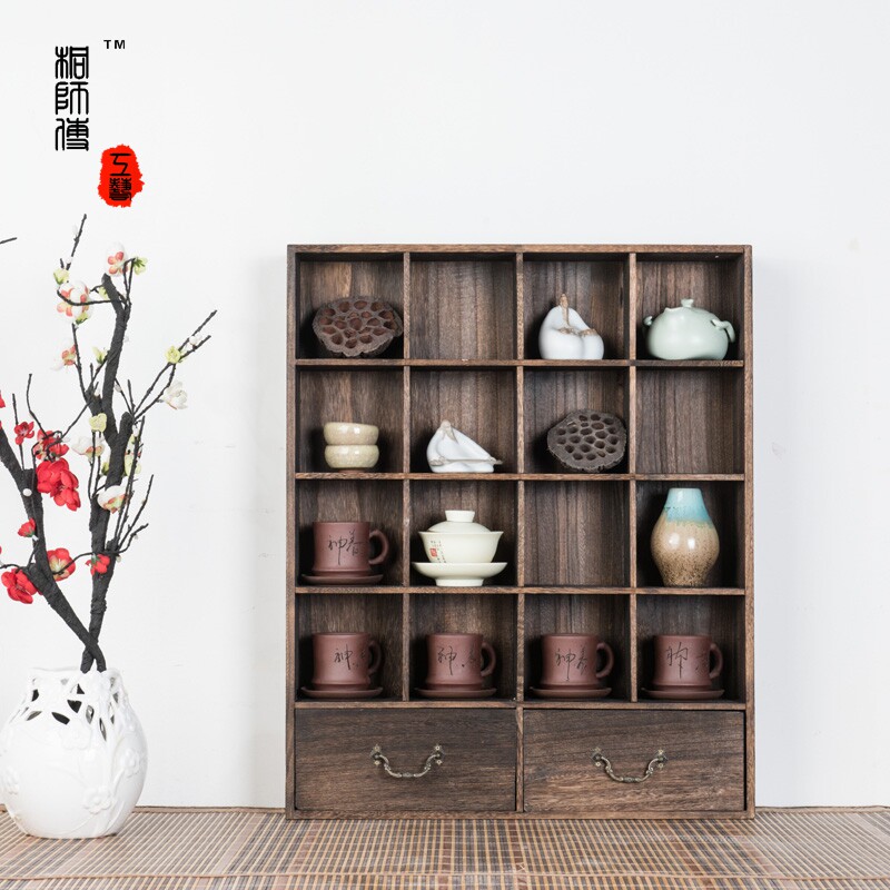 实木茶杯架 功夫茶具收纳架 茶壶架 小博古架子 烧桐木茶道配件