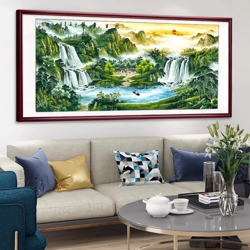 旭日东升国画聚宝盆山水画沙发背景墙装饰画客厅挂画图靠山框带