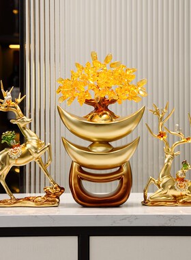 新中式祥云吉鹿发财树桌面招财摆件客厅酒柜装饰品乔迁开业礼品