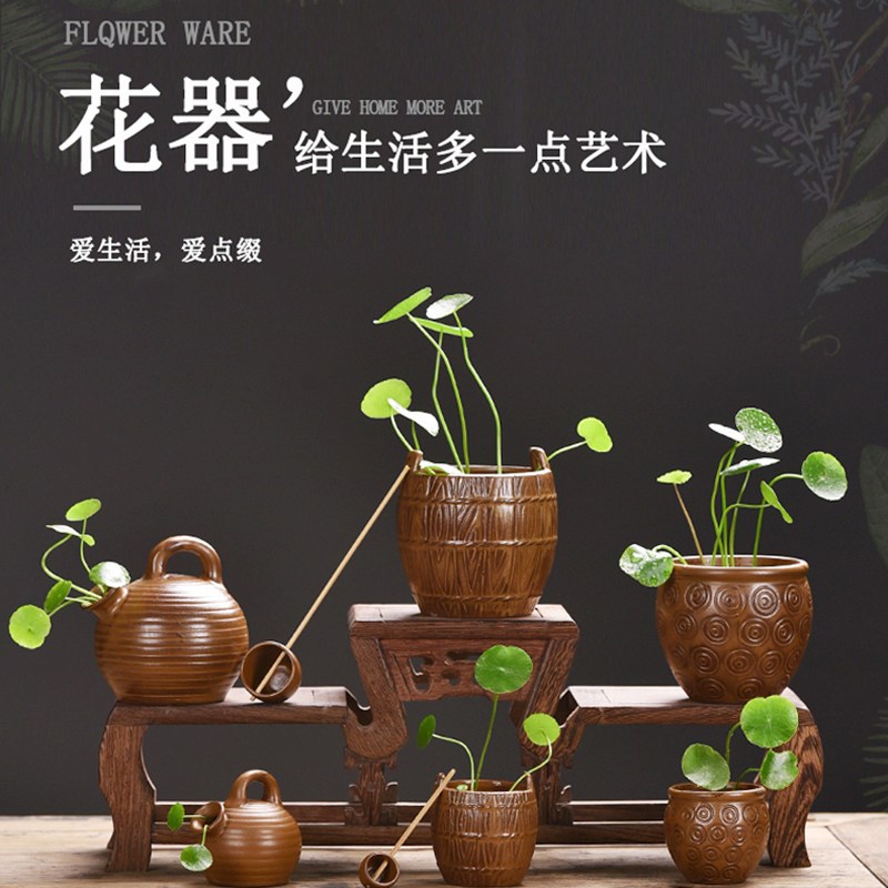 创意木桶复古陶瓷迷你小花器家居水培插花办公茶桌博古架摆件装饰