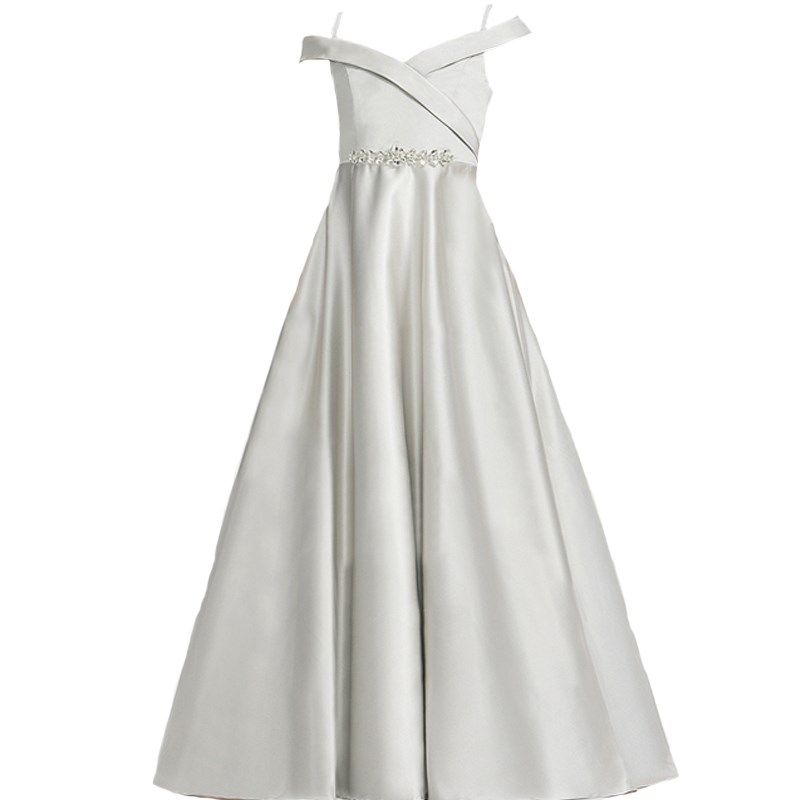 女童主持人钢琴演出晚礼服儿童模特走秀高端缎面一字肩长款公主裙