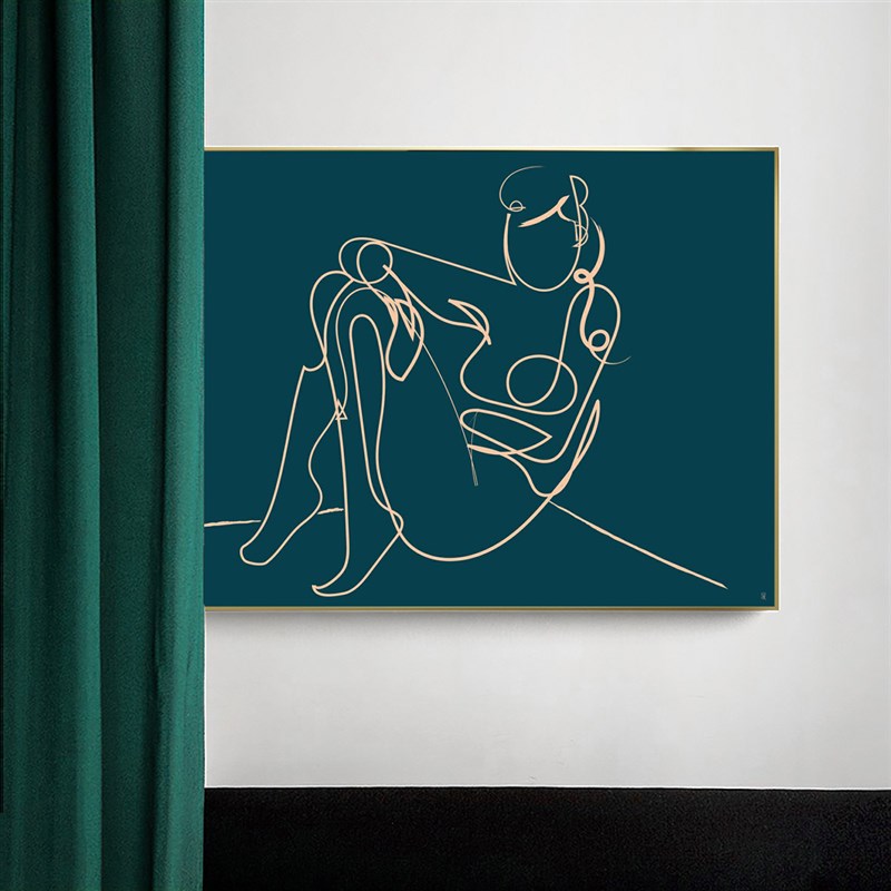 设计师推荐极简人物线条装饰画样板间墨绿色系挂画小众民宿艺术画