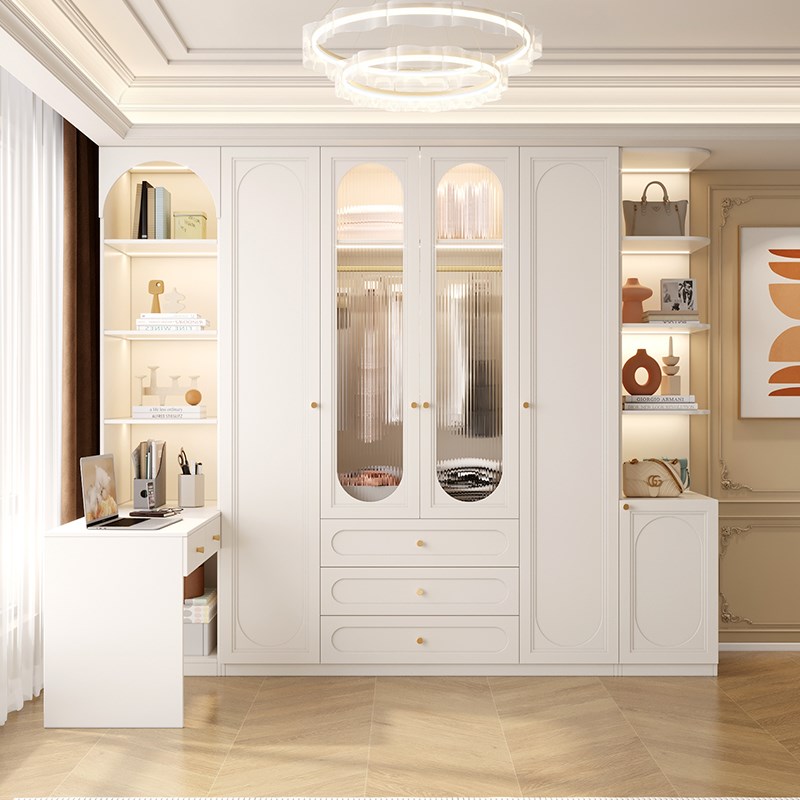 法式奶油风轻奢衣柜家用卧室梳妆台自带转角一体化妆桌边柜子定制