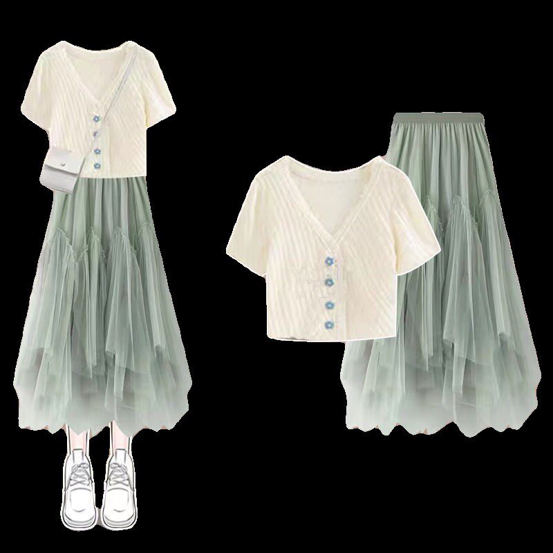 女童夏季裙子套装2024新款洋气纱裙12岁中大童甜美短袖裙子两件套