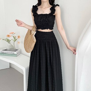 温柔套装女荷叶边褶皱吊带背心夏季新款松紧高腰大摆半身裙两件套
