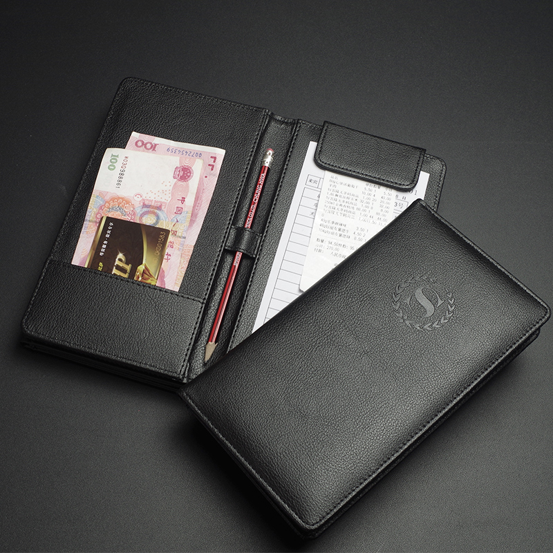 黑色高档皮革收银夹酒店买单夹饭店酒水结账本票据夹定制logo结账