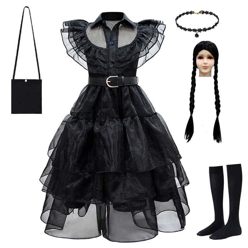 奇幻电视剧《星期三》中的女主角cos服亚当斯一家黑色雪纺女孩裙